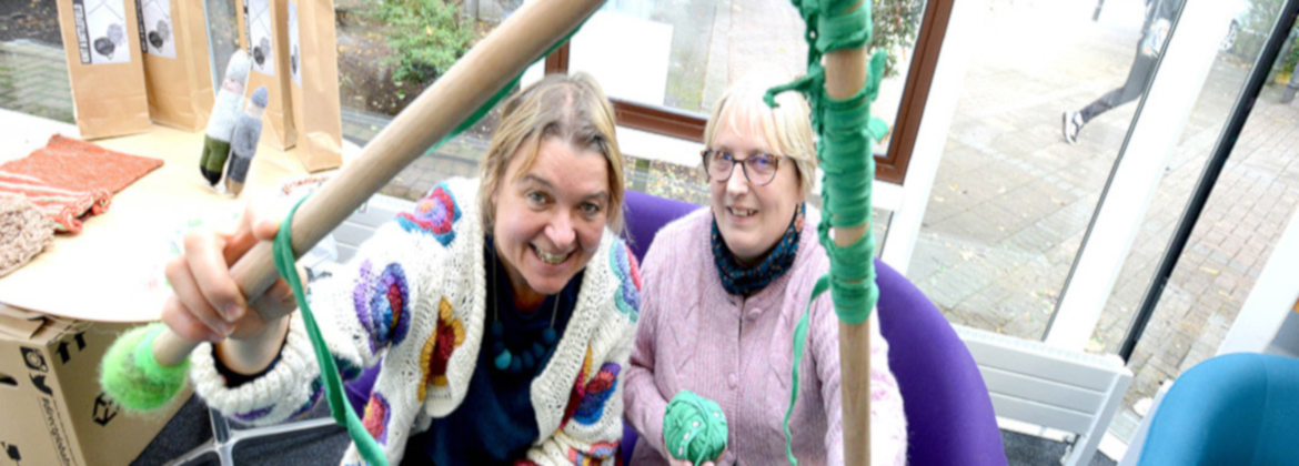 Giant knitting needle fun at our Fun Palace event in 2021